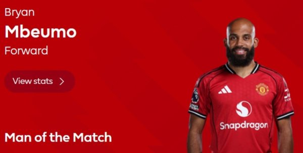 领先破门！英超官方：姆伯莫当选曼联2-2热刺球迷票选全场最好